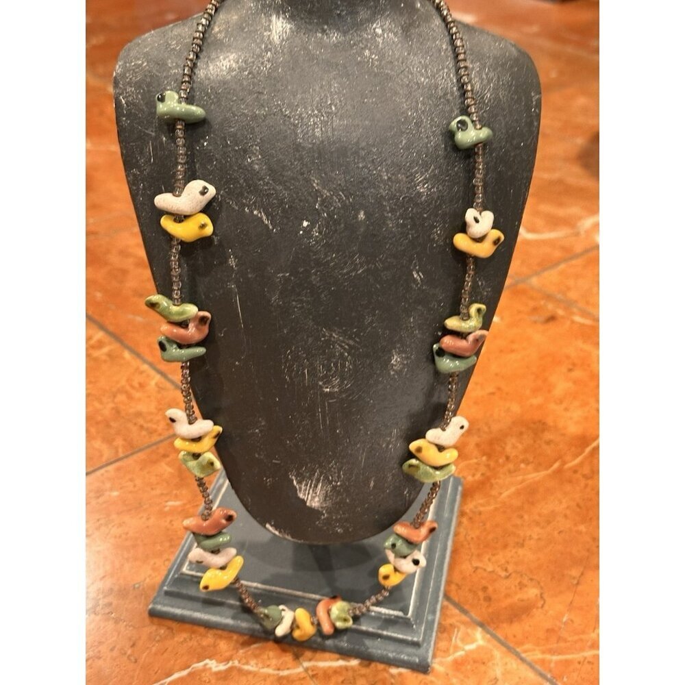 FETISH BIRDS CERAMIC KUZURI SOUTHWESTERN BEADS 30" BOHO NECKLACE VINTAGE 1970S